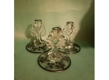 3 New Martinsville? Janice Candlestick Holders W/ Silver Overlay