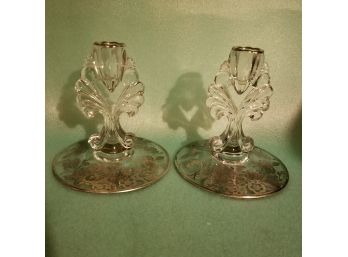 Pair New Martinsville Candleholders W/silver Overlay