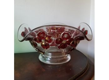 1940's Colony Dogwood Red Ruby On Clear Glass Bowl 9'wide