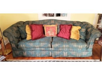 Green Brocade Print Sofa With Silk Pillows