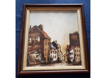 Vintage Cityscape Oil Painting, Signed In Dark Wood Frame (Signature Hard To Read)