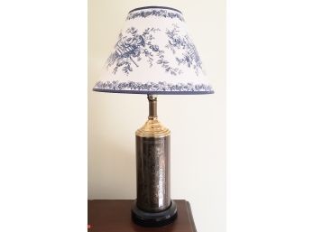 Etched Brass Lamp With Floral Motif And Blue Floral Shade