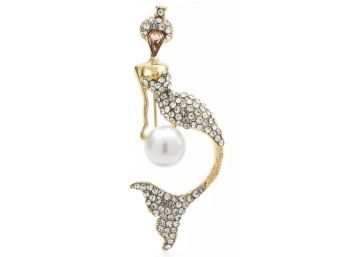 Goldtone Mermaid Brooch Encrusted W/ Rhinestones Perched On Faux Pearl