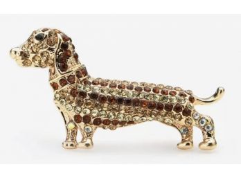 Adorable Goldtone & Chocolate Rhinestone Daschund Brooch