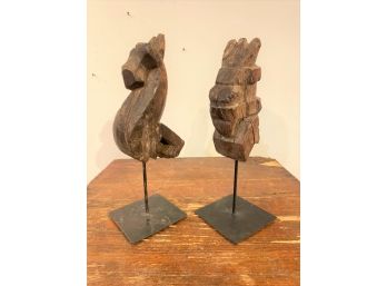 Lot Of Two Hand Carved Horse On Custom Iron Base