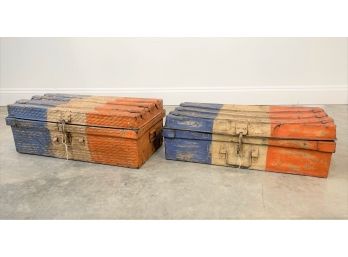 Lot Of Two Painted Metal Trunks