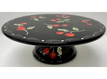 PORCELAIN PEDESTAL CHERRY CAKE STAND: Gates Wear By Laurie Gates, Black & Red Cherries Dessert Pastry Server