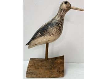 Vintage Carved Decorative Wooden Shore Bird Decoy - Glass Eyes - Wooden Stand - Unsigned