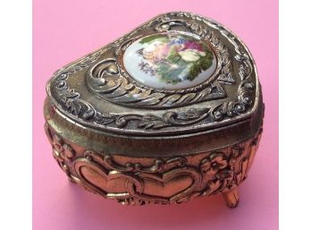 HEART SHAPED VINTAGE METAL TRINKET JEWELRY BOX: Round Porcelain Inset On Lid, Red Velvet Lined 3 Legged, Gold