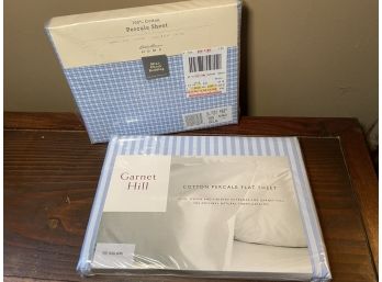 2 NEW Cotton King Flat Sheets Lot 2 Garnet Hill And Eddie Bauer Bedding Blue Check And Stripes