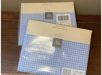 2 NEW Eddie Bauer Cotton King Flat Sheets 200 Thread Count Mini Check Bedding Blue