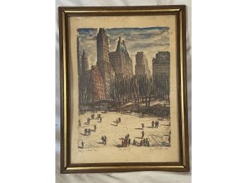 'Skating In Central Park'  New York City Signed J.M. Gallias 1964 Watercolor Art Print 13.5x18