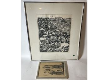 A MARY CROWTHER 'NANTUCKET' LINOCUT AND A BLOCK ISLAND DRAWING