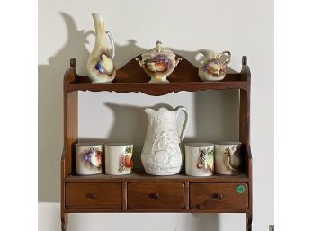 A SMALL MAPLE SHELF WITH AN HP PORCELAINS AND A SALT GLAZED PITCHER