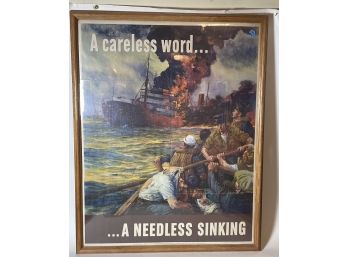 VINTAGE 1942 WAR POSTER 'A CARELESS WORLD, A NEEDLESS SINKING'