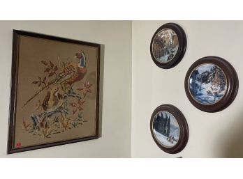 A BIRD NEEDLEPOINT AND THREE WOOD FRAMED COLLECTORS PLATES