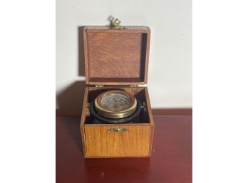 VINTAGE BRASS COMPASS IN OAK CASE