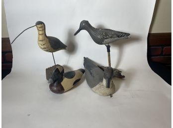 TWO PAINTED DUCK DECOYS AND TWO SHOREBIRDS