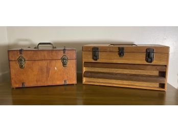 TWO WOOD UTILITY BOXES, ONE WITH TOOLS