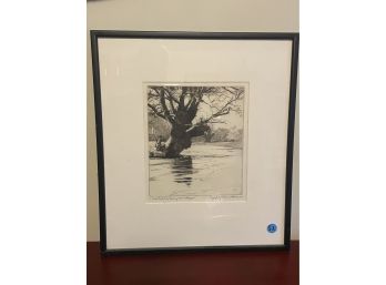 AN ETCHING OF TROUT FISHING AND A LANDSCAPE PAINTING ON FISH