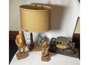 WOOD CARVINGS AND A NAUTICAL LAMP WITH DOULTON FIGURE