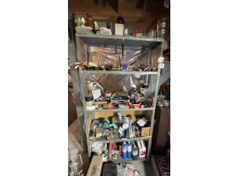 2 SHELVES OF MISC TOOLS , NUTS, BOLTS, SOLVENTS, ETC