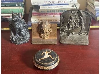 3 BRONZE BOOKENDS AND 2 GREEK RING DISHES