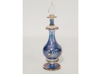 Vintage Egyptian Blown Etched Iridescent Blue Glass Perfume Bottle With Dabber