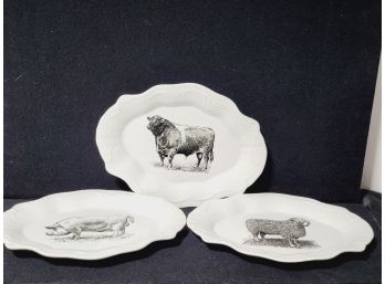 Trio Of Farm Animal Themed White Ceramic Decorative Plates