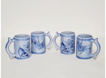 Set Of Four Vintage Blue Mexican Signed Pottery Bird & Floral Handled Mugs