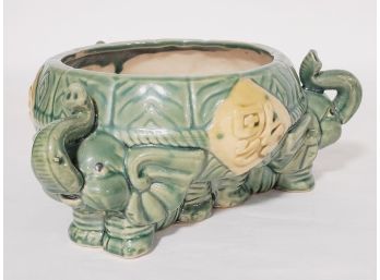 Vintage Majolica Three Elephant Pottery Planter