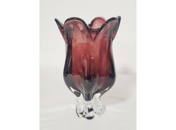 Vintage MCM Joseph Hospodka Hand Blown Art Glass Purple Amethyst Vase Clear Base