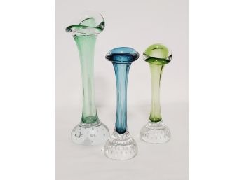 Three Art Glass Controlled Bubble Base Colorful Bud Vases