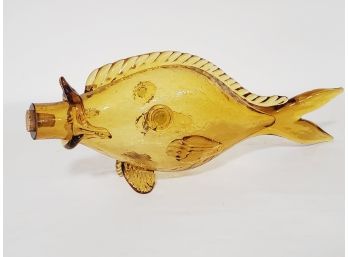 Vintage MCM Murano Amber Crackle Glass Large Fish Decanter With Cork Stopper