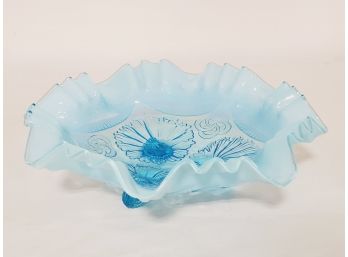 Antique Late 1800s Fenton Blue Opulescent Dish With 3 Corncopia Feet And Keltic Knots Bowl