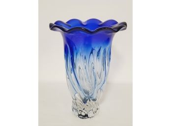 Heavy Vintage MCM Joseph Hospodka Hand Blown Art Glass Cobalt Blue & Clear Vase