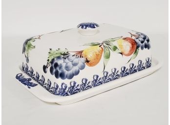 Colorful Hand Painted Covered Pottery Butter / Cheese Dish