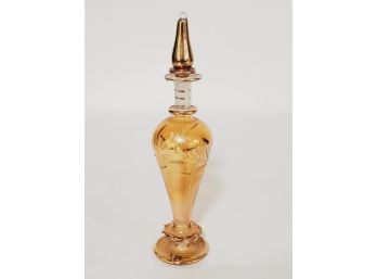 Vintage Egyptian Blown Etched Peach & Clear Glass Perfume Bottle With Dabber