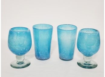 Four Pier 1 Turquoise Blown Glass Drinkware