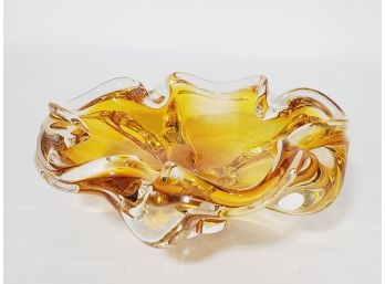 Vintage MCM Murano Amber & Clear Cased Art Glass Ashtray Bowl - Murano Style