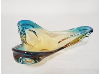 Large Vintage MCM 1960's Amber Blue Josef Hospodka For Chribska Sklarna Murano Art Glass Bowl