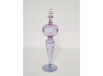 Etched Lavender Egyptian Blown Art Glass Perfume Bottle