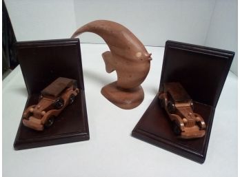 Wood Antique Car Style Bookends (pair) And One Wood Angle Fish Sculpture   C4