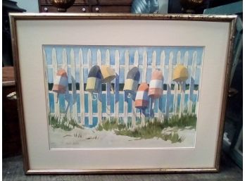 Watercolor By Gayle Asher Listed American Artist Picture Depicts Buoys, Fence, Sandy Beach And Water  WA