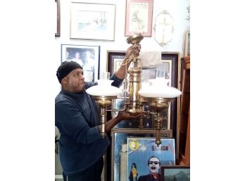 Quinquet Style Vintage Brass Hanging Lamp With 3 Fixtures - Each Has Opaline Milk Glass Dome & Chimney CVBK