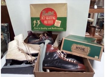 Estate Fresh!! Includes 2 Vintage Boxed Hockey Skates (sizes 11.5 & 8) & Figure Skates Size 9-2/3 CVBK