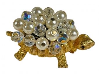 Vintage Gold Tone Faux Pearl & Aurora Borealis Rhinestone Turtle Brooch Pin