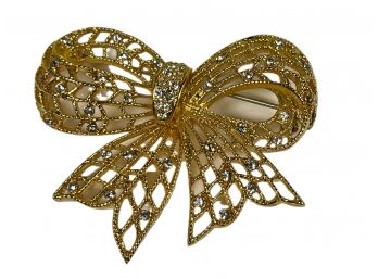 Vintage 1980s Gold Tone Brooch W Rhinestones