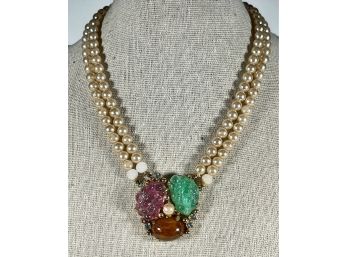 Vintage Faux Pearl Necklace W Great Glass Stone Set Clasp