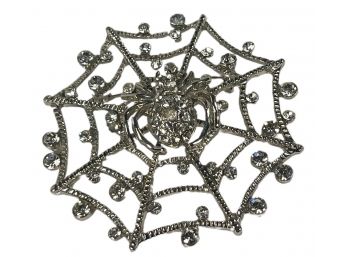 Vintage Silver Tone Spider In Her Web Rhinestone Brooch
